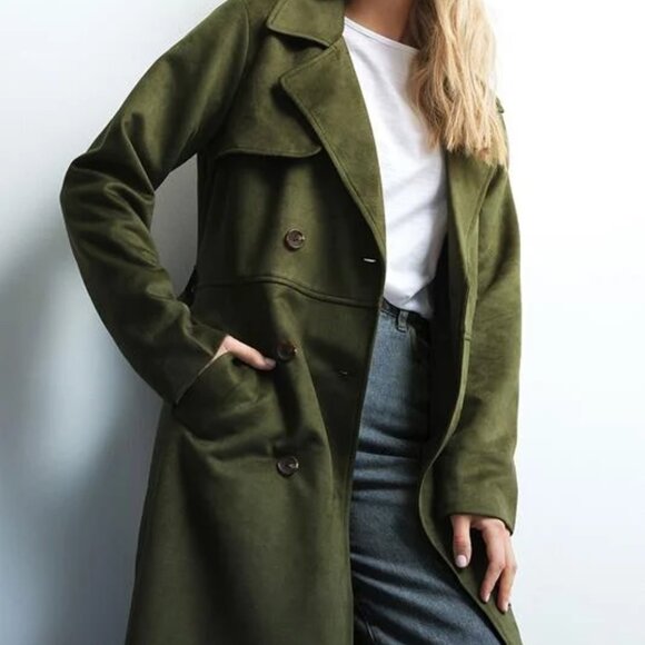 New Tall Khaki Green Faux Suede Midi Trench Coat - Picture 2 of 5